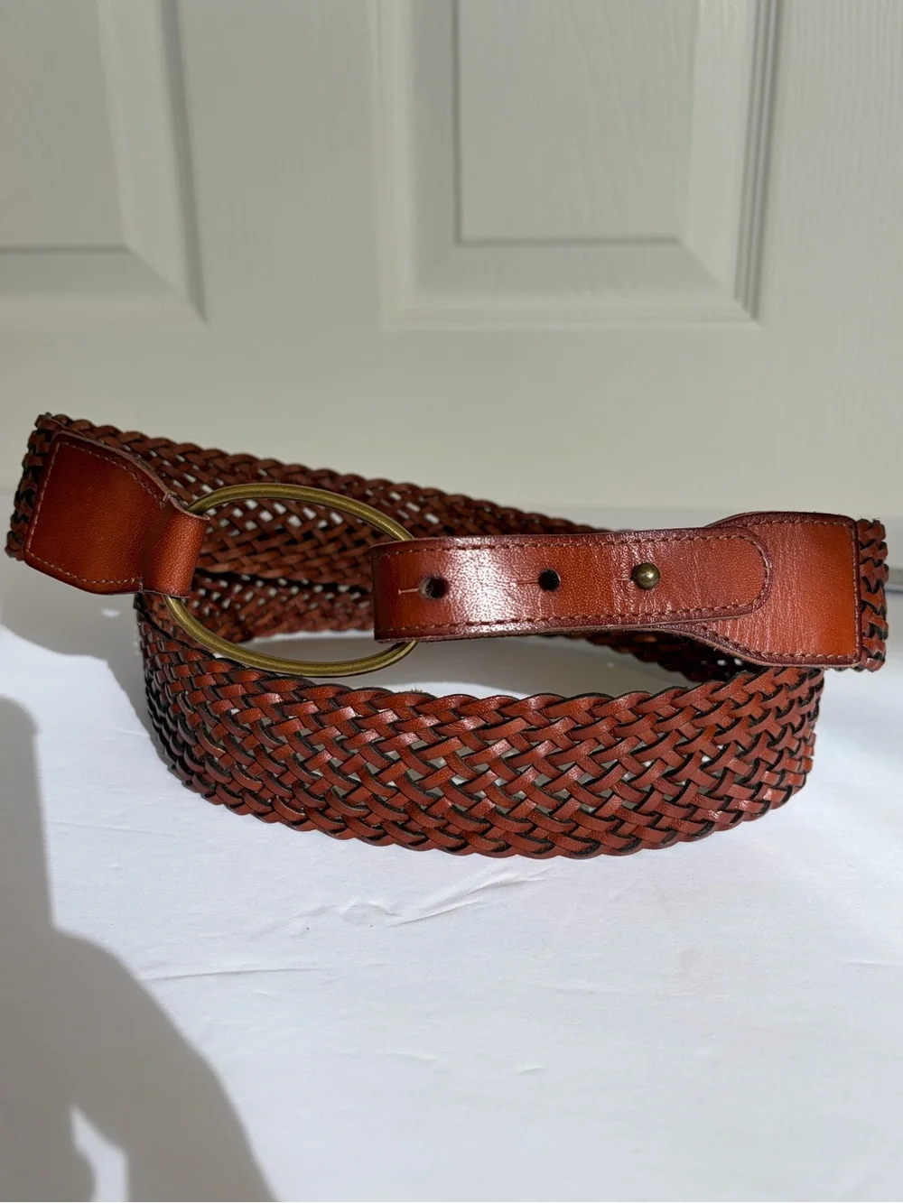 Lucky Brand Brown Leather Braided Belt Brass D Ring Loop Buckle Boho L/XL